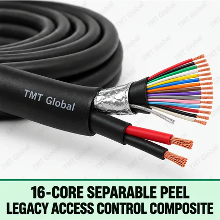 TMT Global 16-Core Separable Peel Legacy Access Control Composite, black composite cable with distinct peel-apart subcables for legacy reader and lock power, foil-screened reader bundle, exactly sixteen insulated copper conductors with sixteen visible tips.