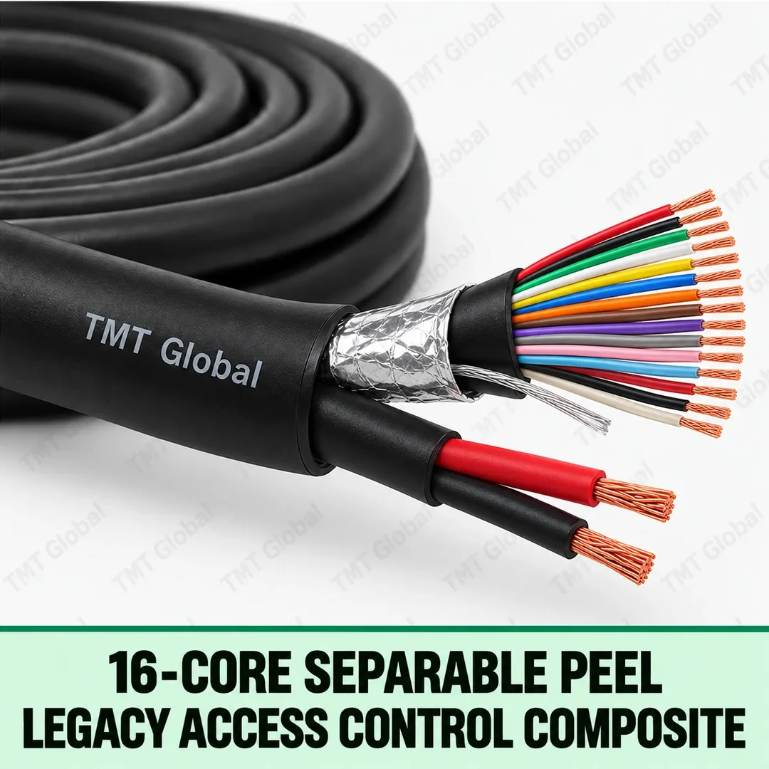 TMT Global 16-Core Separable Peel Legacy Access Control Composite, black composite cable with distinct peel-apart subcables for legacy reader and lock power, foil-screened reader bundle, exactly sixteen insulated copper conductors with sixteen visible tips. TMT Global 16-Core Separable Peel Legacy Access Control Composite, black composite cable with distinct peel-apart subcables for legacy reader and lock power, foil-screened reader bundle, exactly sixteen insulated copper conductors with sixteen visible tips.
