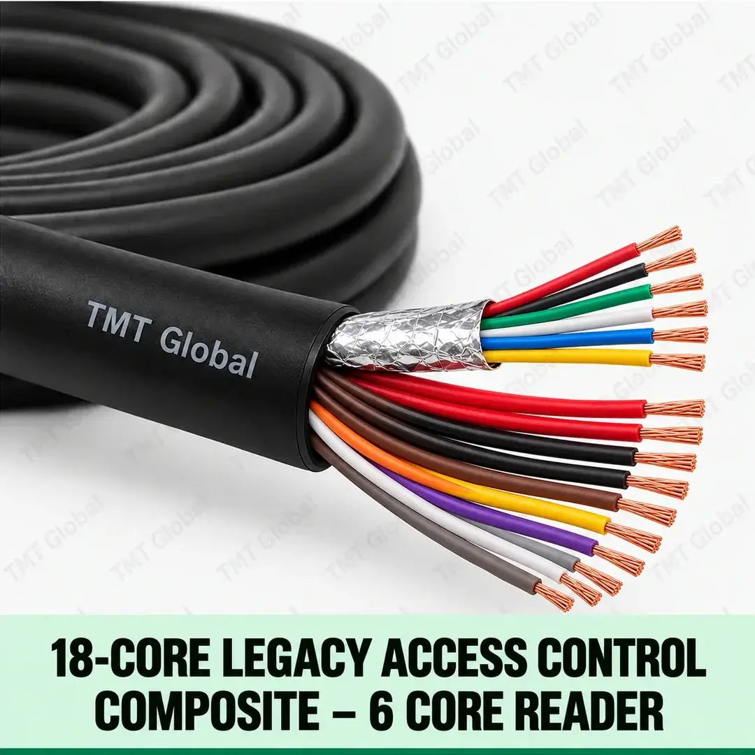 TMT Global 18-Core Legacy Access Control Composite – 6 Core Reader, black outer jacket with one six-core reader bundle plus twelve separately insulated access/lock power cores, exactly eighteen total insulated copper tips, foil shield around reader cores. TMT Global 18-Core Legacy Access Control Composite – 6 Core Reader, black outer jacket with one six-core reader bundle plus twelve separately insulated access/lock power cores, exactly eighteen total insulated copper tips, foil shield around reader cores.