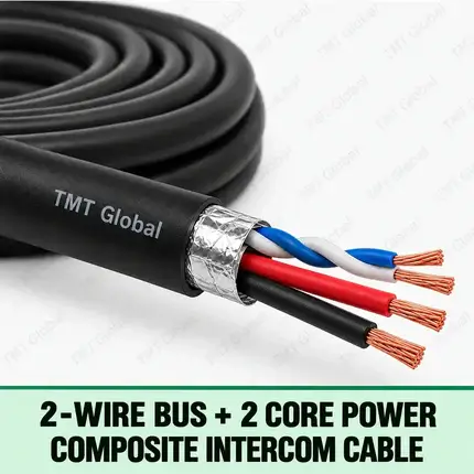 TMT Global 2-Wire Bus + 2 Core Power Composite Intercom Cable, with one twisted foil-shielded two-wire data pair plus two separate insulated power conductors and four copper tips.