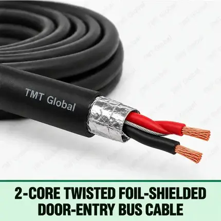 TMT Global 2-Core Twisted Foil-Shielded Door-Entry Bus Cable, black jacket, exactly one red and one black insulated stranded copper conductor twisted together under a foil shield with drain wire, two conductor tips only.