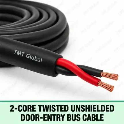 TMT Global 2-Core Twisted Unshielded Door-Entry Bus Cable, black jacket, no foil or braid, exactly one red and one black insulated stranded copper conductor twisted together, two conductor tips only.