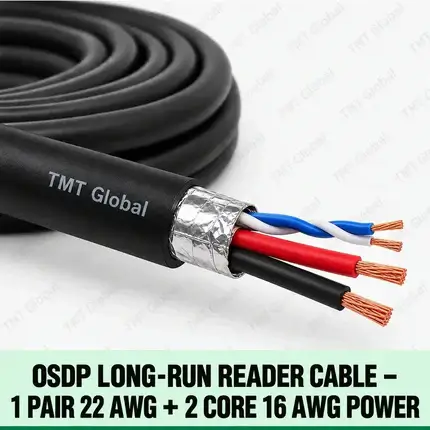 TMT Global OSDP Long-Run Reader Cable – 1 Pair 22 AWG + 2 Core 16 AWG Power, one small 22 AWG twisted foil-shielded data pair (two conductors) plus two visibly thicker 16 AWG insulated power cores, exactly four conductor tips.