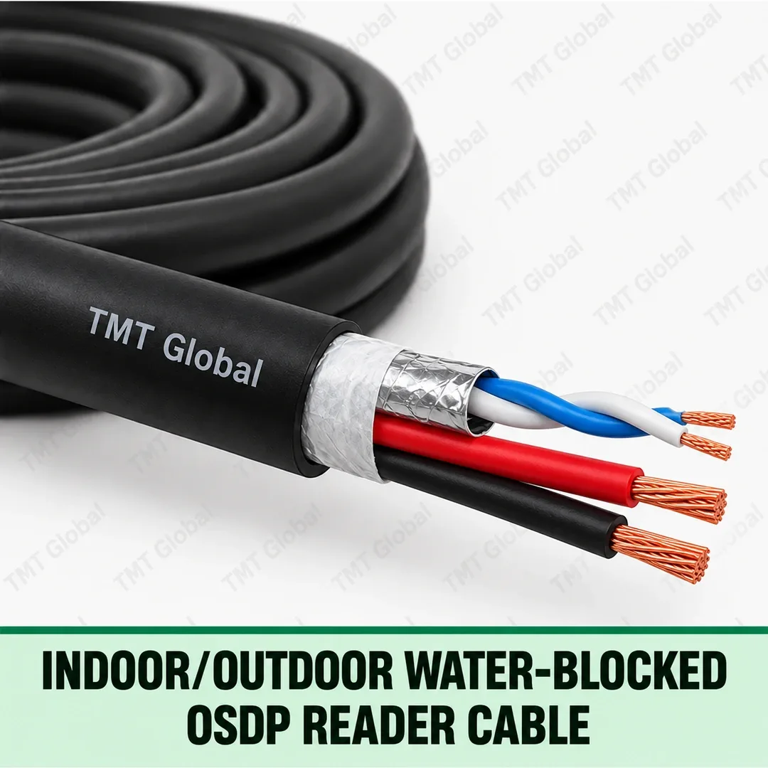 TMT Global Indoor/Outdoor Water-Blocked OSDP Reader Cable, round black PE outdoor common jacket with a water-blocking tape layer, one foil-shielded 120-ohm twisted 22 AWG data pair plus exactly two 18 AWG power conductors, four copper tips total. TMT Global Indoor/Outdoor Water-Blocked OSDP Reader Cable, round black PE outdoor common jacket with a water-blocking tape layer, one foil-shielded 120-ohm twisted 22 AWG data pair plus exactly two 18 AWG power conductors, four copper tips total.