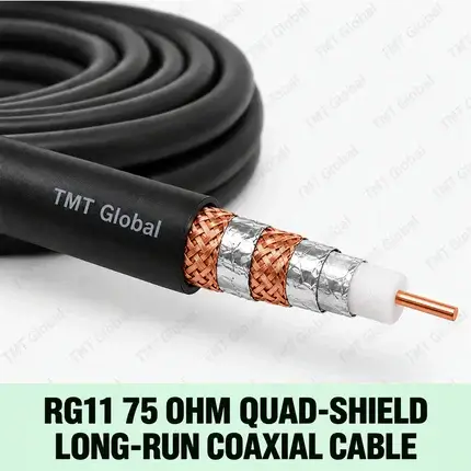 TMT Global RG11 75 Ohm Quad-Shield Long-Run Coaxial Cable, single thick RG11 coax core with centered copper conductor, white foam dielectric, exactly two foil shields and two copper-braid layers for quad shielding, black jacket.