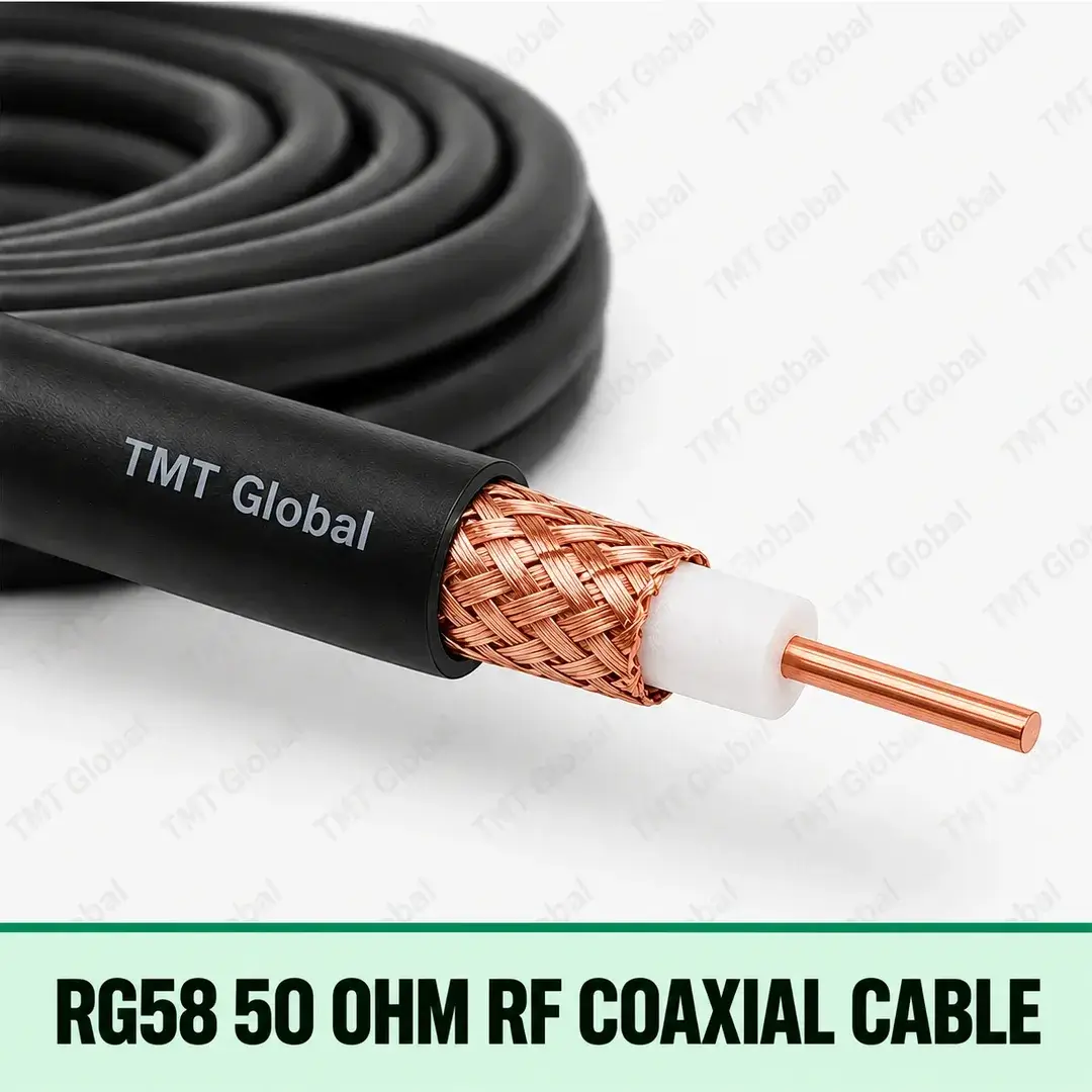 TMT Global RG58 50 Ohm RF Coaxial Cable, single black RF coax cable, one centered copper conductor in white dielectric, uniform copper-braid shield beneath black outer jacket, no auxiliary cores. TMT Global RG58 50 Ohm RF Coaxial Cable, single black RF coax cable, one centered copper conductor in white dielectric, uniform copper-braid shield beneath black outer jacket, no auxiliary cores.