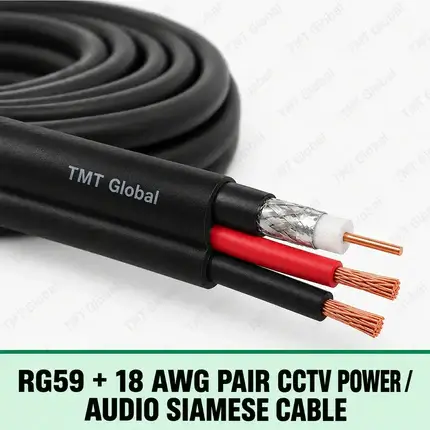 TMT Global RG59 + 18 AWG Pair CCTV Power / Audio Siamese Cable, paired Siamese layout with one RG59 coax (center copper, dielectric and shield braid) plus exactly two thicker insulated 18 AWG power/audio conductors, three visible copper tips total.