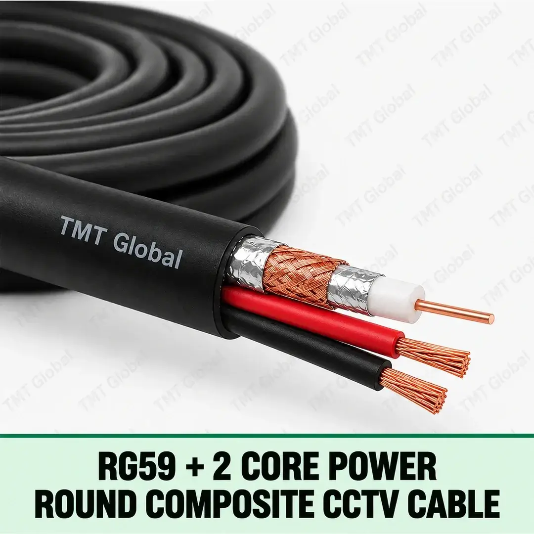 TMT Global RG59 + 2 Core Power Round Composite CCTV Cable, round black jacket containing one RG59 coax (single copper center conductor, white dielectric and visible copper braid/foil screen) alongside exactly two insulated power cores, total three conductor tips. TMT Global RG59 + 2 Core Power Round Composite CCTV Cable, round black jacket containing one RG59 coax (single copper center conductor, white dielectric and visible copper braid/foil screen) alongside exactly two insulated power cores, total three conductor tips.