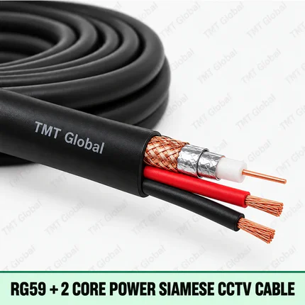 TMT Global RG59 + 2 Core Power Siamese CCTV Cable, RG59 coax with center copper conductor, dielectric and copper braid/foil shield, paired beside exactly two insulated red/black power conductors, three tips total.