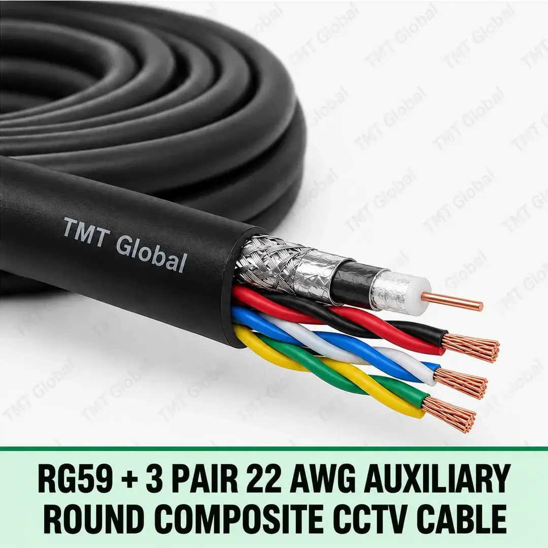 TMT Global RG59 + 3 Pair 22 AWG Auxiliary Round Composite CCTV Cable, single black round composite jacket with one RG59 coaxial core (center copper, dielectric, braid/foil shield) and exactly three twisted auxiliary copper pairs (six insulated wires), all cutaways distinct. TMT Global RG59 + 3 Pair 22 AWG Auxiliary Round Composite CCTV Cable, single black round composite jacket with one RG59 coaxial core (center copper, dielectric, braid/foil shield) and exactly three twisted auxiliary copper pairs (six insulated wires), all cutaways distinct.