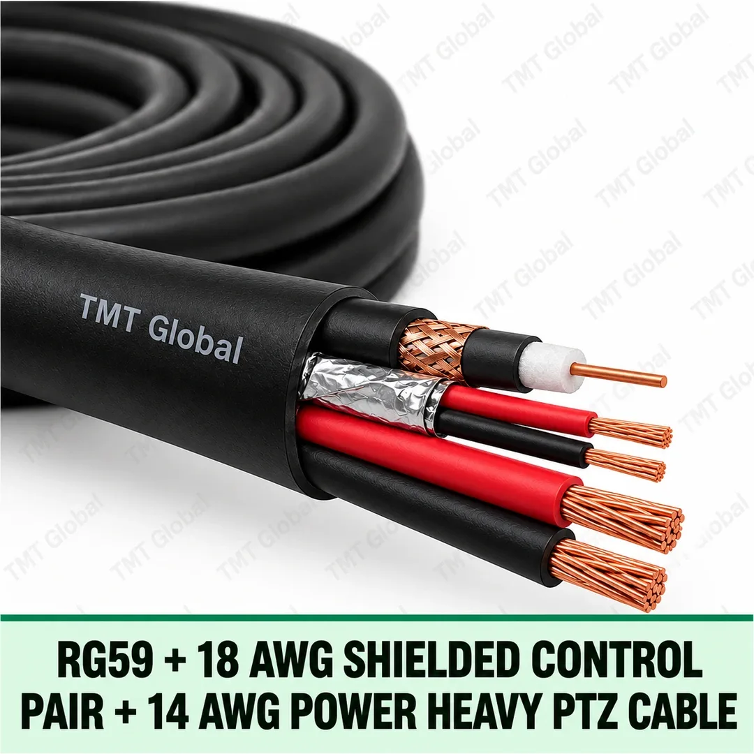 TMT Global RG59 + 18 AWG Shielded Control Pair + 14 AWG Power Heavy PTZ Cable, heavy PTZ composite with one RG59 coax core, one foil-shielded 18 AWG control pair and two much thicker 14 AWG power conductors, five copper tips total. TMT Global RG59 + 18 AWG Shielded Control Pair + 14 AWG Power Heavy PTZ Cable, heavy PTZ composite with one RG59 coax core, one foil-shielded 18 AWG control pair and two much thicker 14 AWG power conductors, five copper tips total.