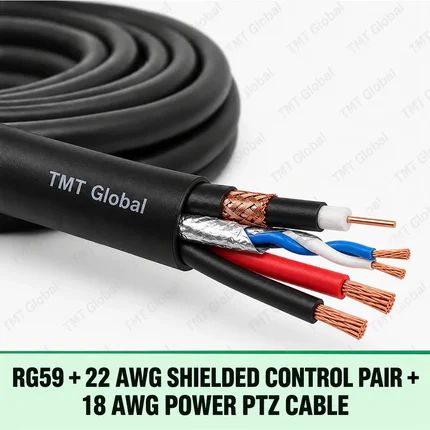 TMT Global RG59 + 22 AWG Shielded Control Pair + 18 AWG Power PTZ Cable, one RG59 coax with center copper and braided shield, one foil-shielded 22 AWG twisted control pair, and two insulated 18 AWG power conductors, five copper tips total.