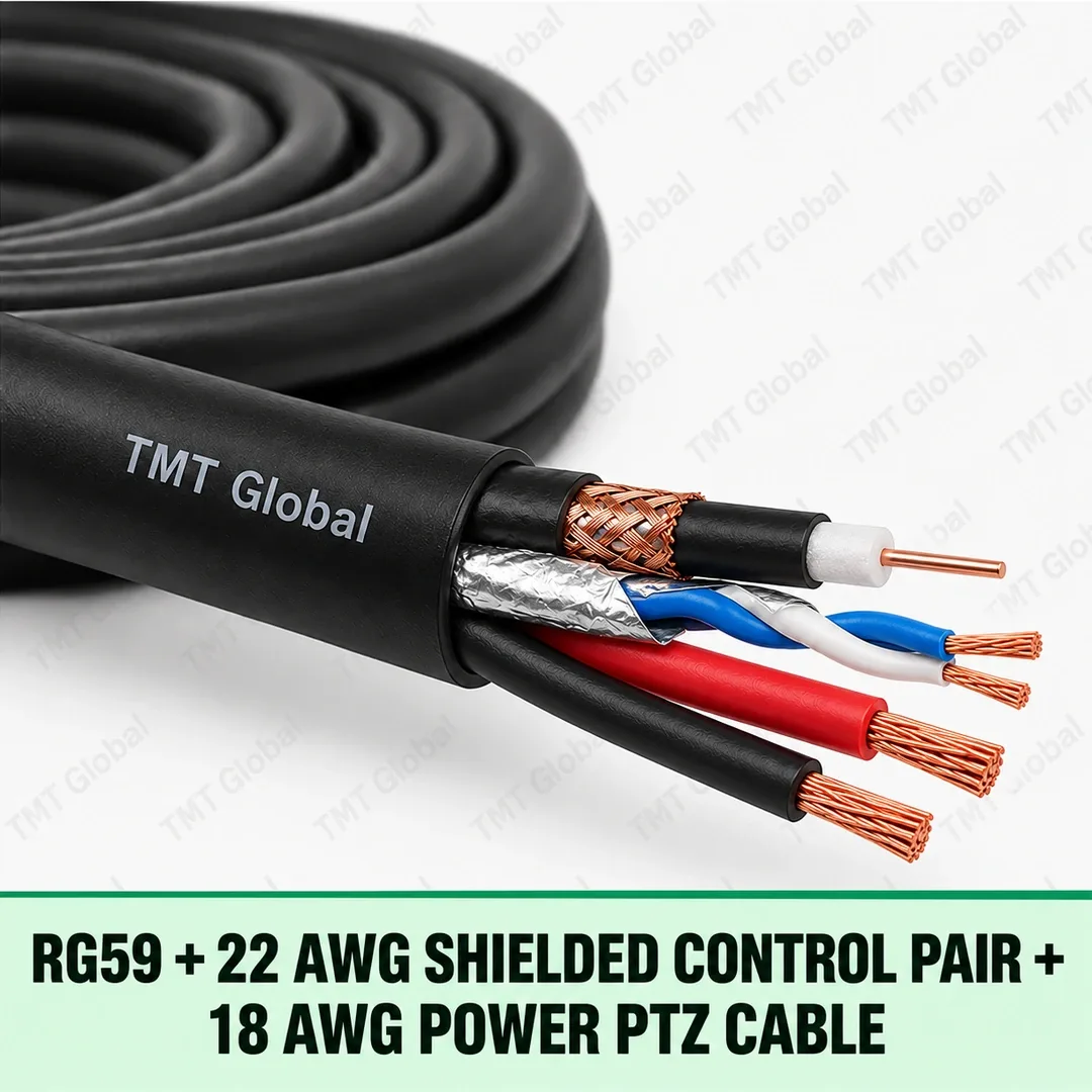 TMT Global RG59 + 22 AWG Shielded Control Pair + 18 AWG Power PTZ Cable, one RG59 coax with center copper and braided shield, one foil-shielded 22 AWG twisted control pair, and two insulated 18 AWG power conductors, five copper tips total. TMT Global RG59 + 22 AWG Shielded Control Pair + 18 AWG Power PTZ Cable, one RG59 coax with center copper and braided shield, one foil-shielded 22 AWG twisted control pair, and two insulated 18 AWG power conductors, five copper tips total.