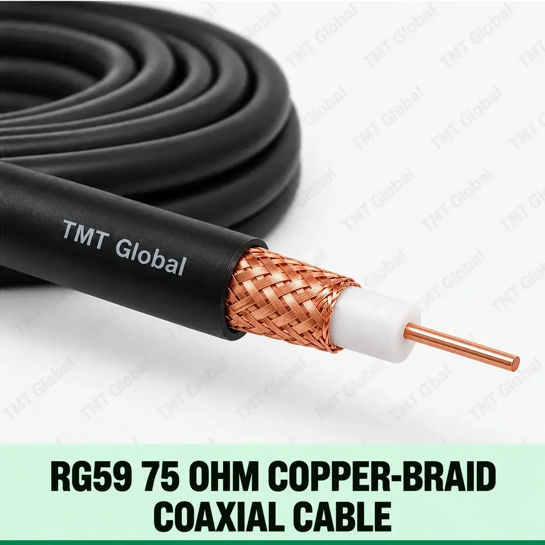 TMT Global RG59 75 Ohm Copper-Braid Coaxial Cable, single slim RG59 coax, central copper conductor, white dielectric and visible woven copper-braid shield, black outer jacket, no auxiliary conductors. TMT Global RG59 75 Ohm Copper-Braid Coaxial Cable, single slim RG59 coax, central copper conductor, white dielectric and visible woven copper-braid shield, black outer jacket, no auxiliary conductors.