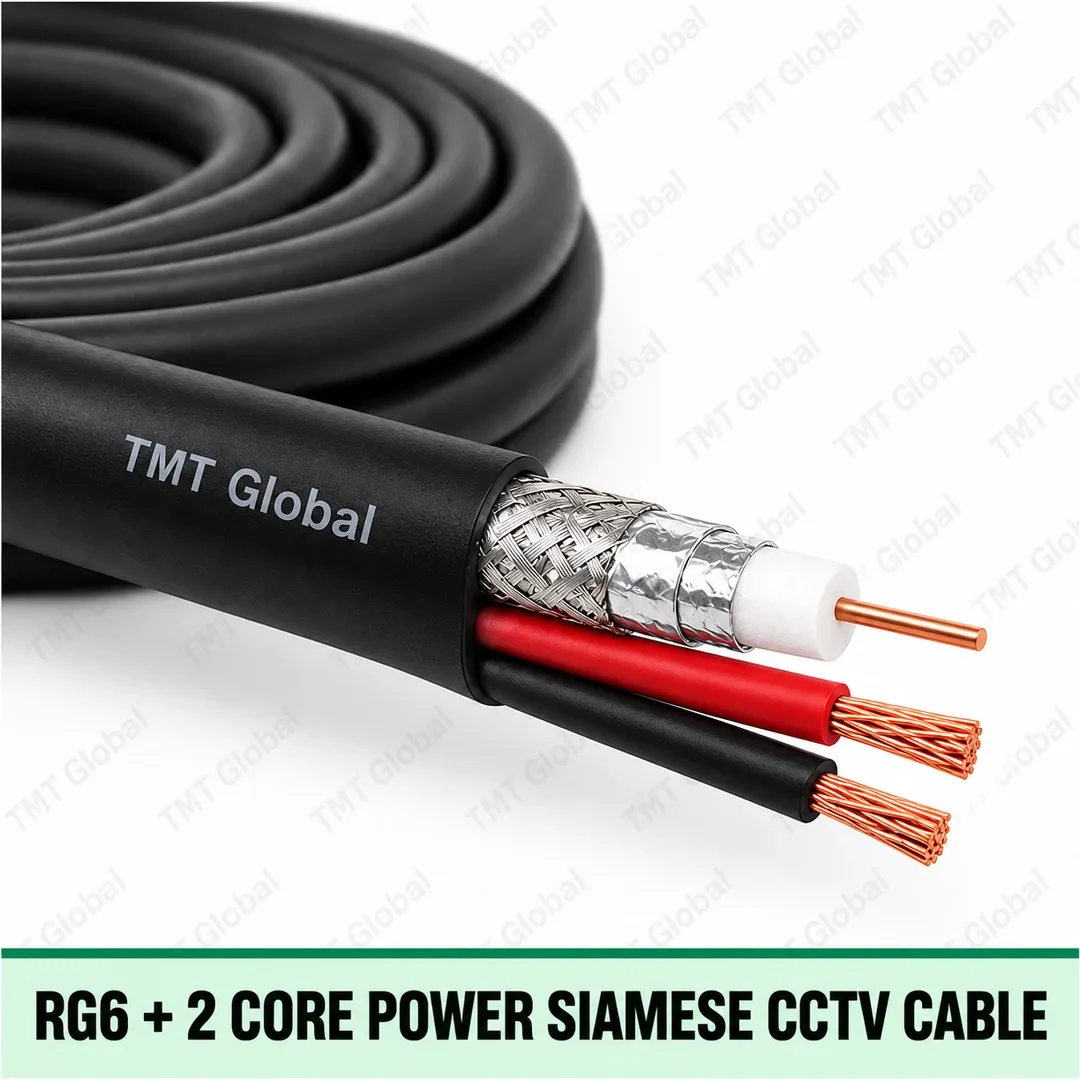 TMT Global RG6 + 2 Core Power Siamese CCTV Cable, Siamese black cable with RG6 coax (central copper conductor, dielectric, foil/braid shield) alongside exactly two insulated power cores, three copper tips total. TMT Global RG6 + 2 Core Power Siamese CCTV Cable, Siamese black cable with RG6 coax (central copper conductor, dielectric, foil/braid shield) alongside exactly two insulated power cores, three copper tips total.