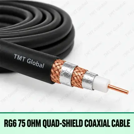 TMT Global RG6 75 Ohm Quad-Shield Coaxial Cable, single RG6 coax cable, center copper conductor with white dielectric, exactly two foil shields and two copper-braid layers, black jacket.