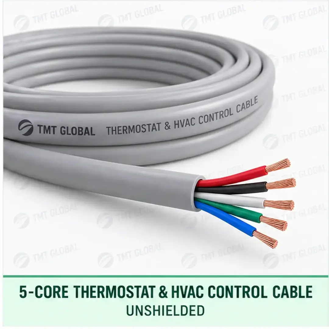 TMT Global 5 core unshielded thermostat and HVAC control cable, with 5 insulated copper conductors. TMT Global 5 core unshielded thermostat and HVAC control cable, with 5 insulated copper conductors.