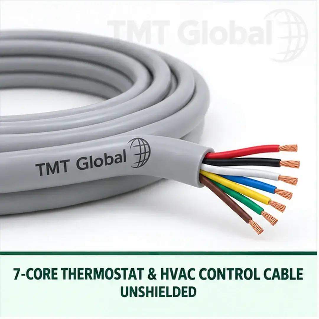 TMT Global 7 core unshielded thermostat and HVAC control cable, with 7 insulated copper conductors. TMT Global 7 core unshielded thermostat and HVAC control cable, with 7 insulated copper conductors.